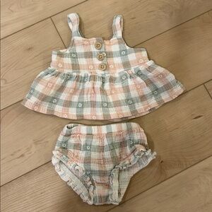 Pl Baby - Infant Girls Peach & Sage Plaid Ruffle Tank Top and Bloomers Set - 6M